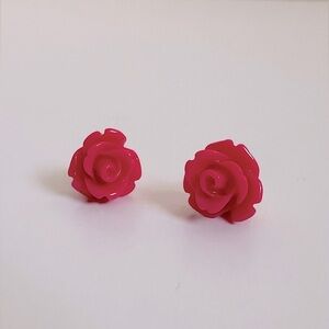 Cabochon Flower Stud Earrings - Hot Pink